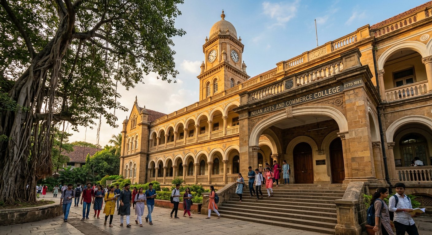 College main building with arched verandas, clock tower and students on the steps