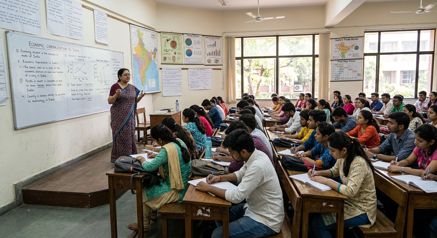 Teacher at a whiteboard addressing students seated at desks in a bright classroom
