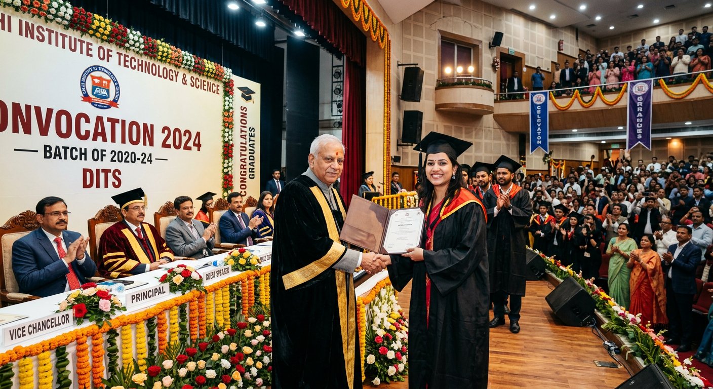 Graduating students in robes and caps receiving degrees on a decorated stage