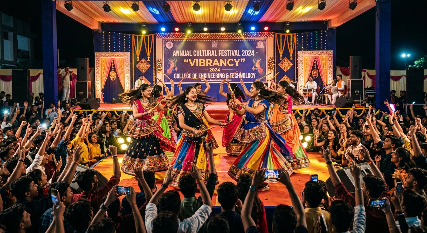 Students performing a colourful folk dance on a brightly lit festival stage