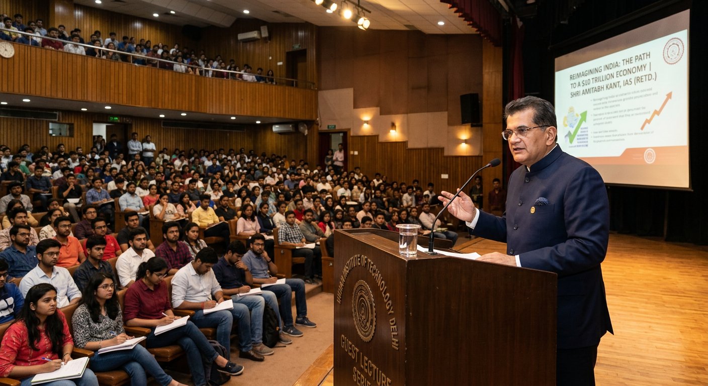 Civil servant speaking at a podium to a full auditorium of students
