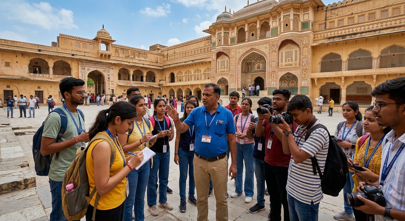 Tourism students with notebooks listening to a guide at an ancient fort