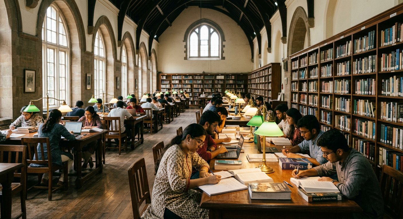 Library reading hall with long wooden tables, study lamps and students reading