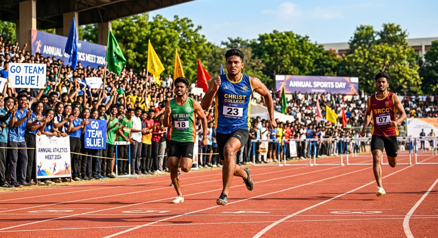 Students sprinting on a red running track as a crowd cheers