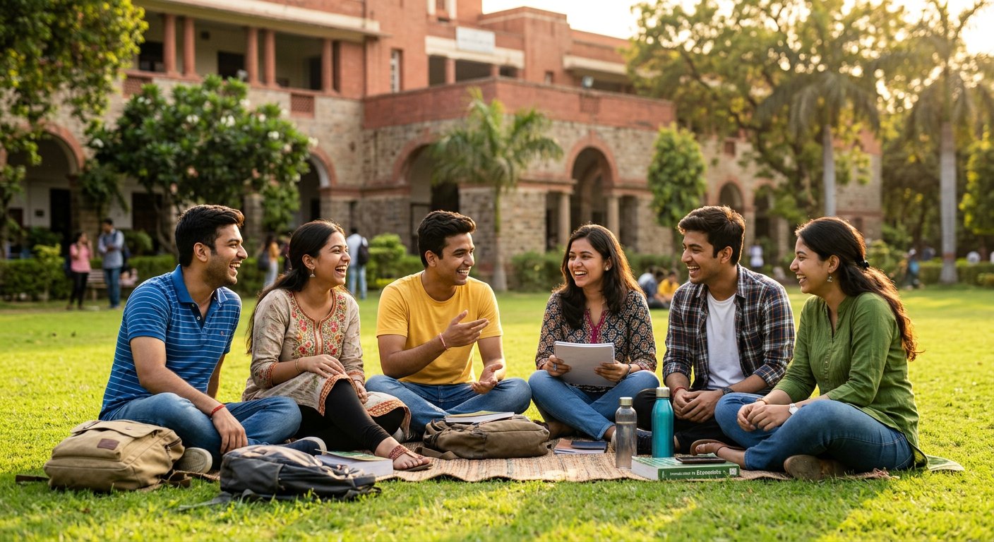 Group of students sitting and laughing together on a green campus lawn