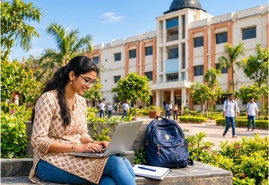 Student studying with a laptop on campus